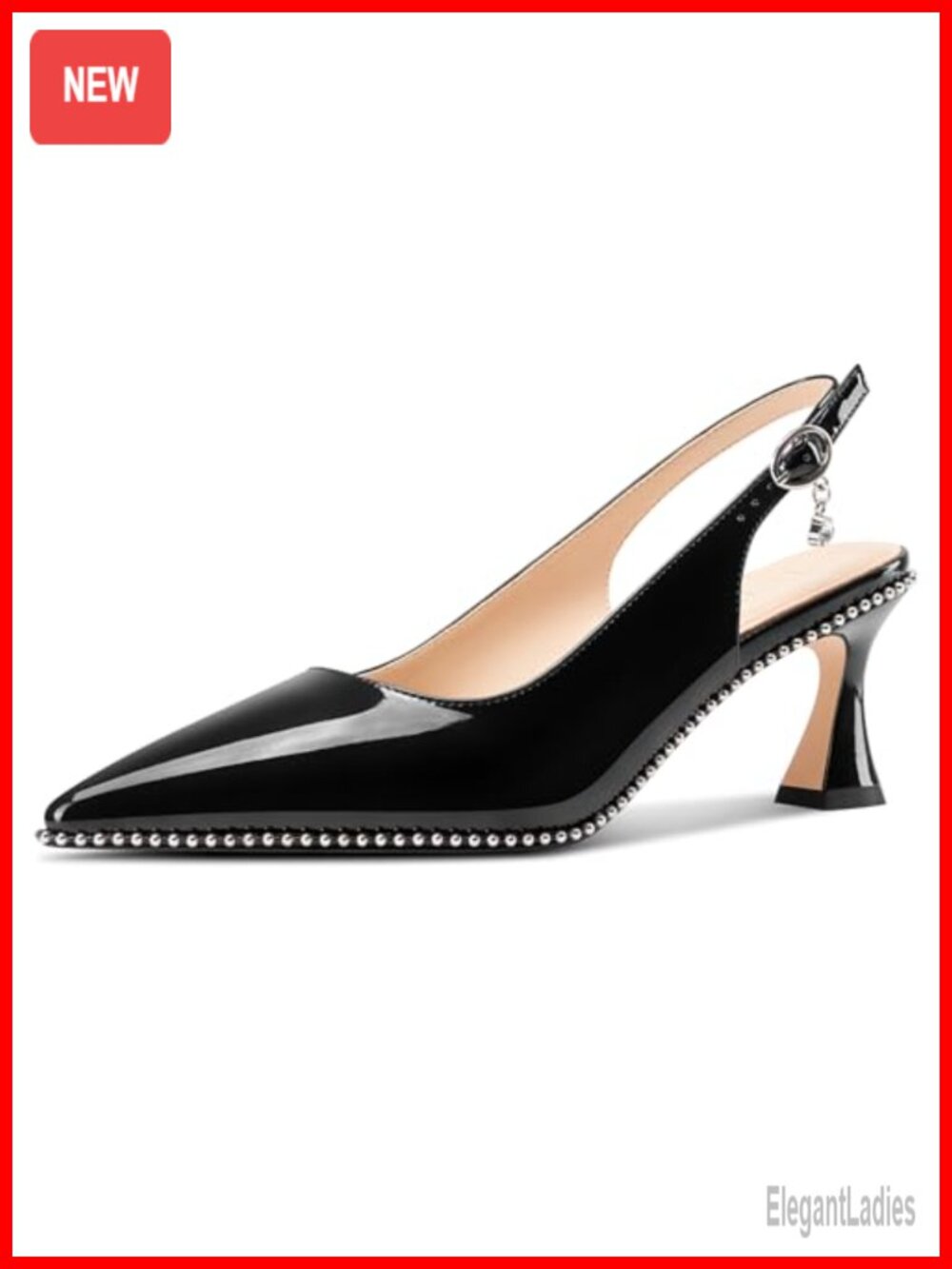 Kitten Heel Pointed Toe Beaded Slingback Patent Leather Pumps